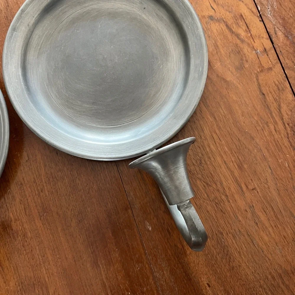 Vintage Pewter Candle Wall Sconce Pair Colonial Metal Reflection Taper Holder